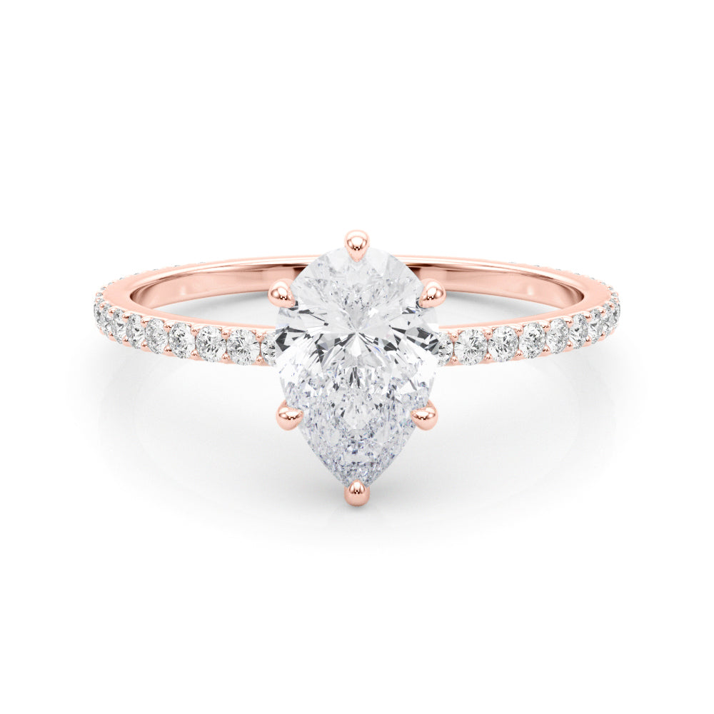 Iconic Hidden Halo Center Single Row Pear Diamond Engagement Ring — 9K/18K Gold & Platinum