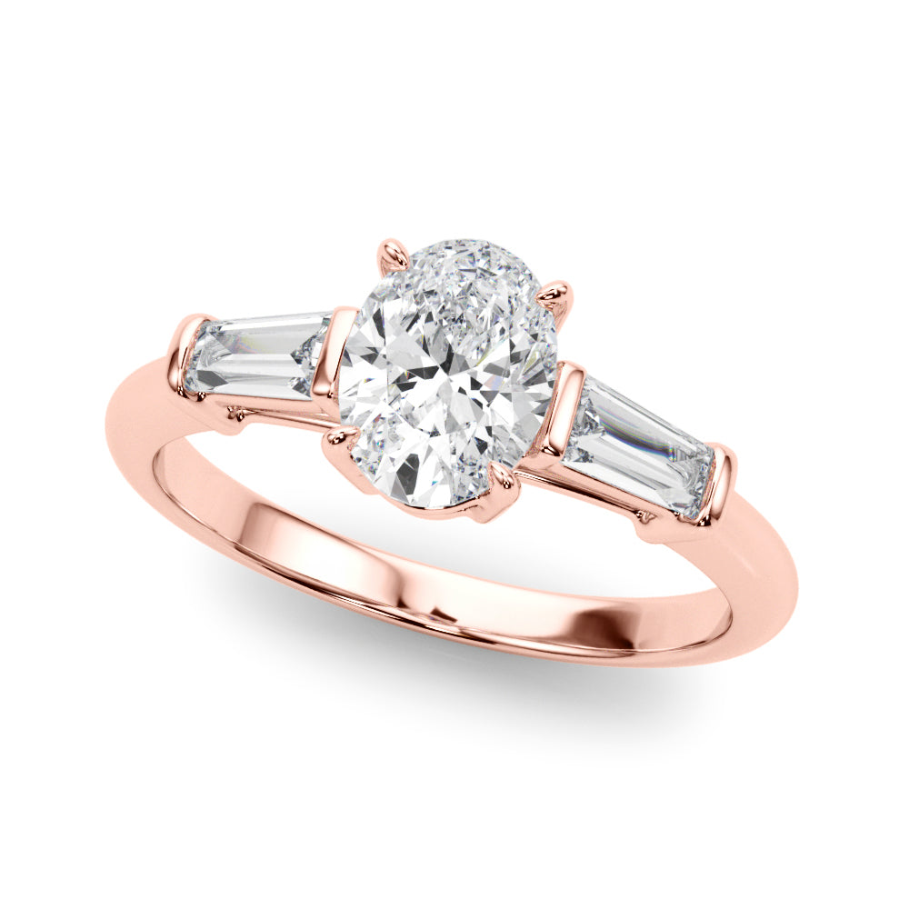 Sculpted Three-Stone Center Taper Baguette Sides Oval Diamond Engagement Ring — 9K/18K Gold & Platinum