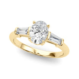 Sculpted Three-Stone Center Taper Baguette Sides Oval Diamond Engagement Ring — 9K/18K Gold & Platinum