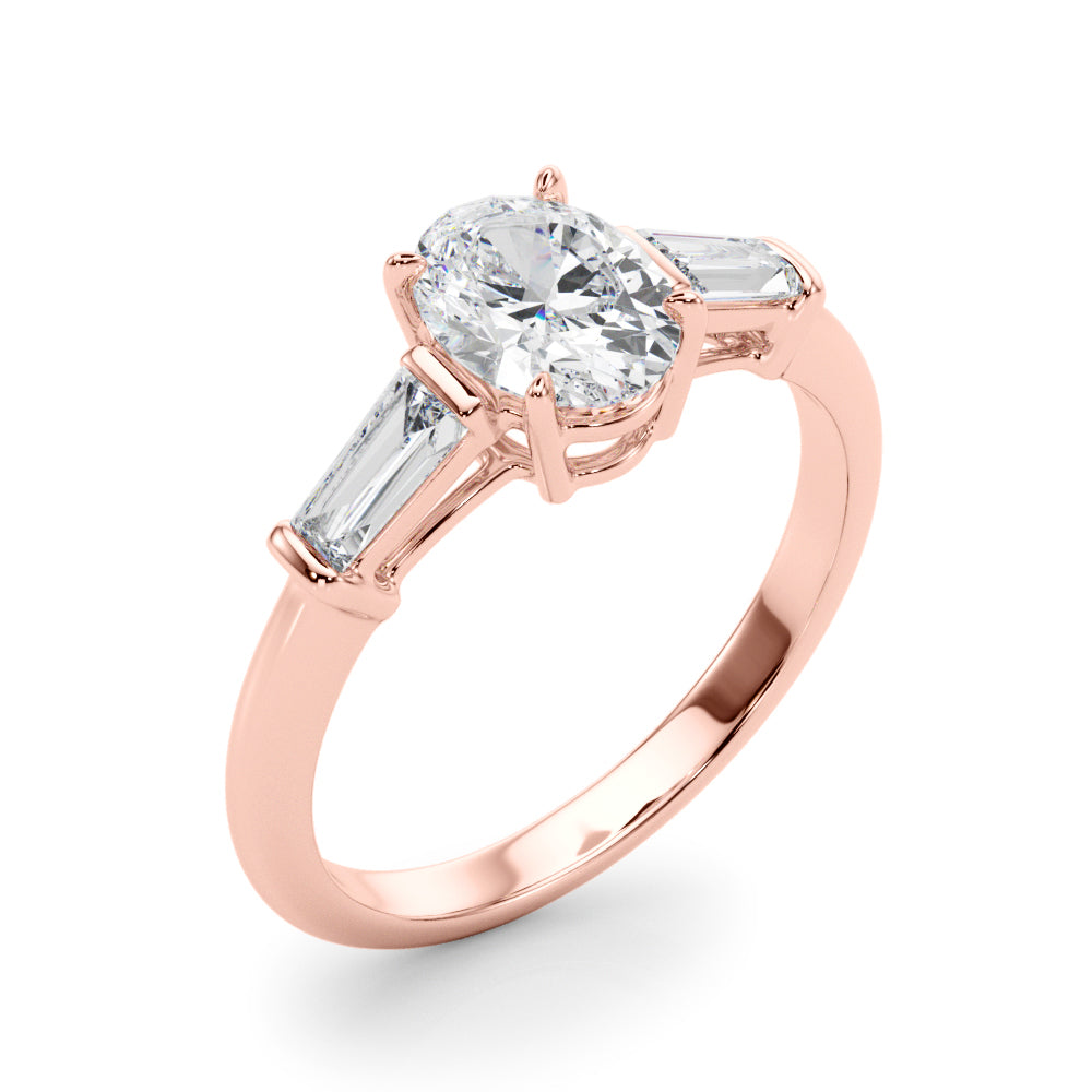 Sculpted Three-Stone Center Taper Baguette Sides Oval Diamond Engagement Ring — 9K/18K Gold & Platinum