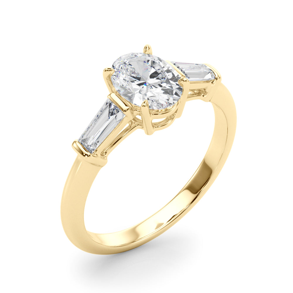 Sculpted Three-Stone Center Taper Baguette Sides Oval Diamond Engagement Ring — 9K/18K Gold & Platinum