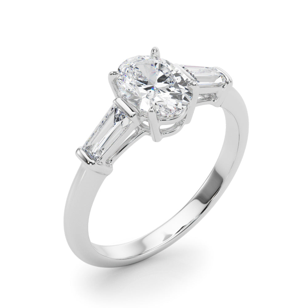 Sculpted Three-Stone Center Taper Baguette Sides Oval Diamond Engagement Ring — 9K/18K Gold & Platinum