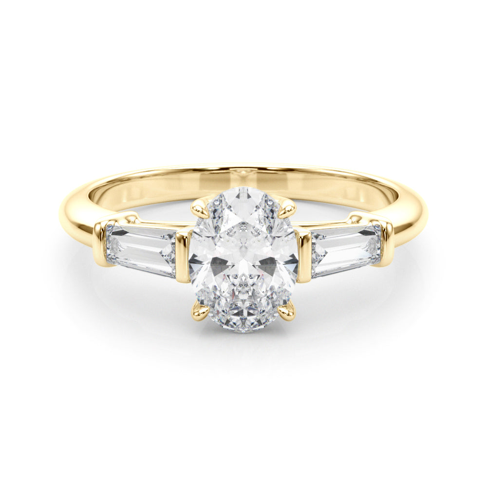 Sculpted Three-Stone Center Taper Baguette Sides Oval Diamond Engagement Ring — 9K/18K Gold & Platinum
