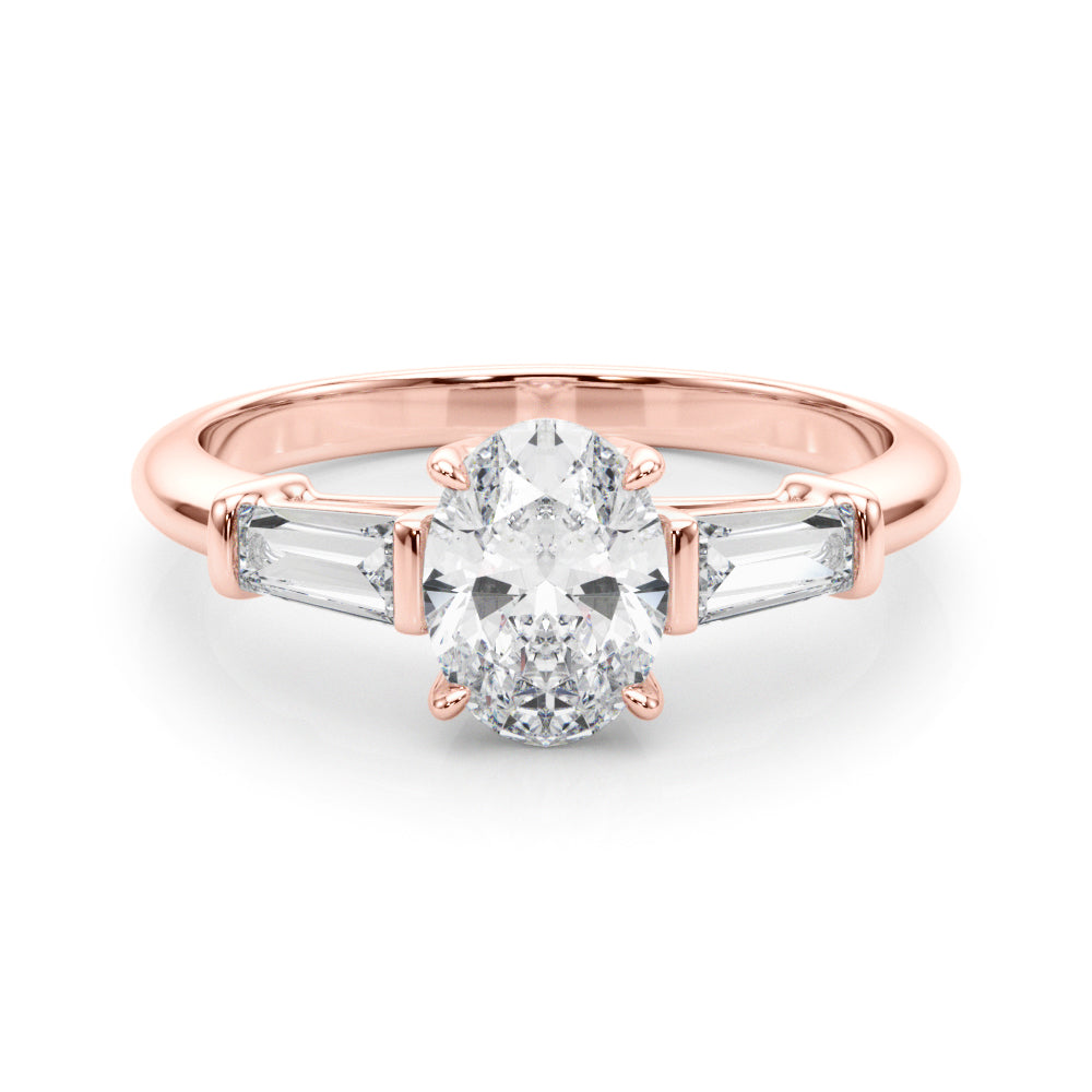 Sculpted Three-Stone Center Taper Baguette Sides Oval Diamond Engagement Ring — 9K/18K Gold & Platinum