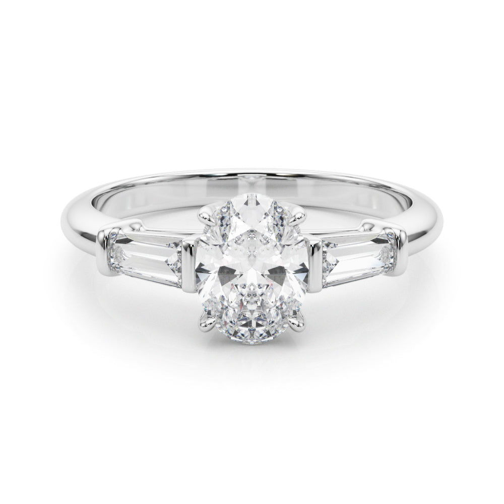 Sculpted Three-Stone Center Taper Baguette Sides Oval Diamond Engagement Ring — 9K/18K Gold & Platinum