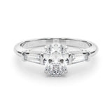 Sculpted Three-Stone Center Taper Baguette Sides Oval Diamond Engagement Ring — 9K/18K Gold & Platinum