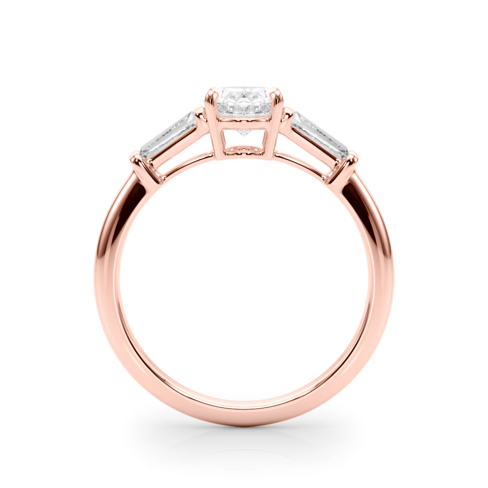 Sculpted Three-Stone Center Taper Baguette Sides Oval Diamond Engagement Ring — 9K/18K Gold & Platinum