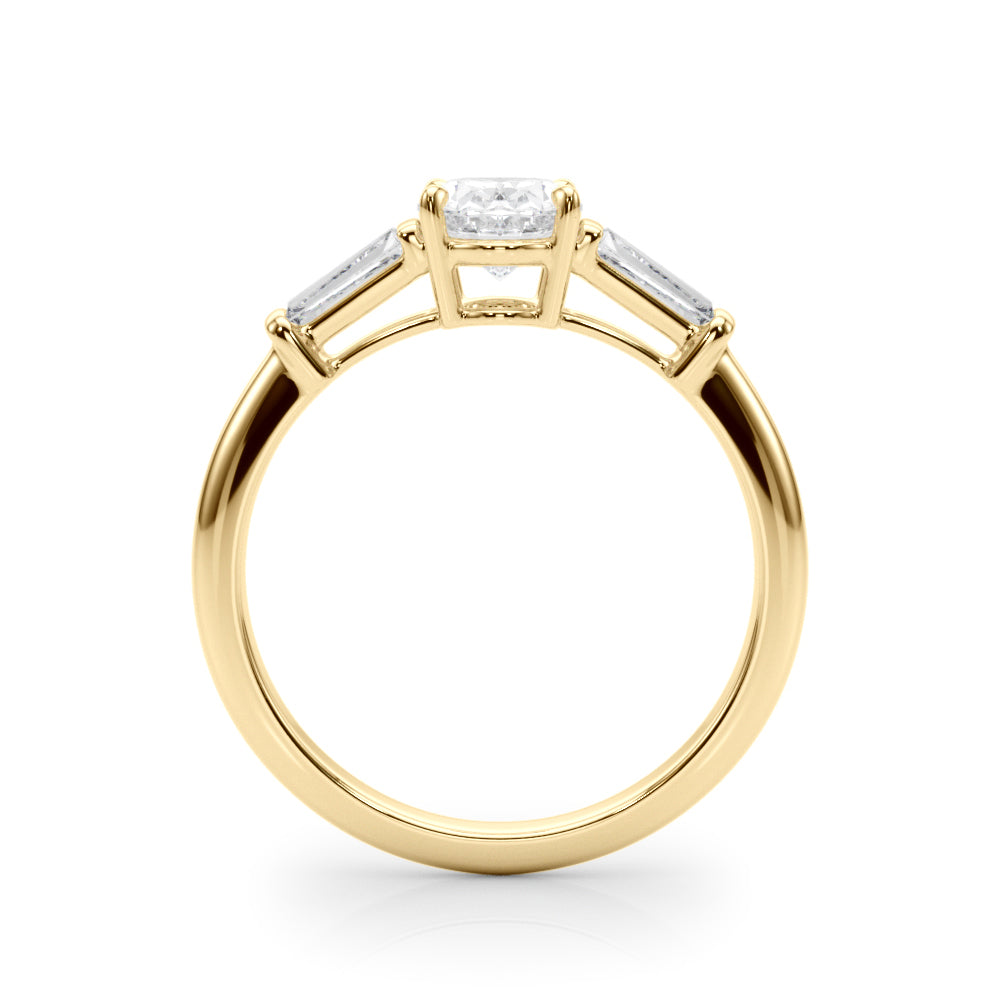 Sculpted Three-Stone Center Taper Baguette Sides Oval Diamond Engagement Ring — 9K/18K Gold & Platinum