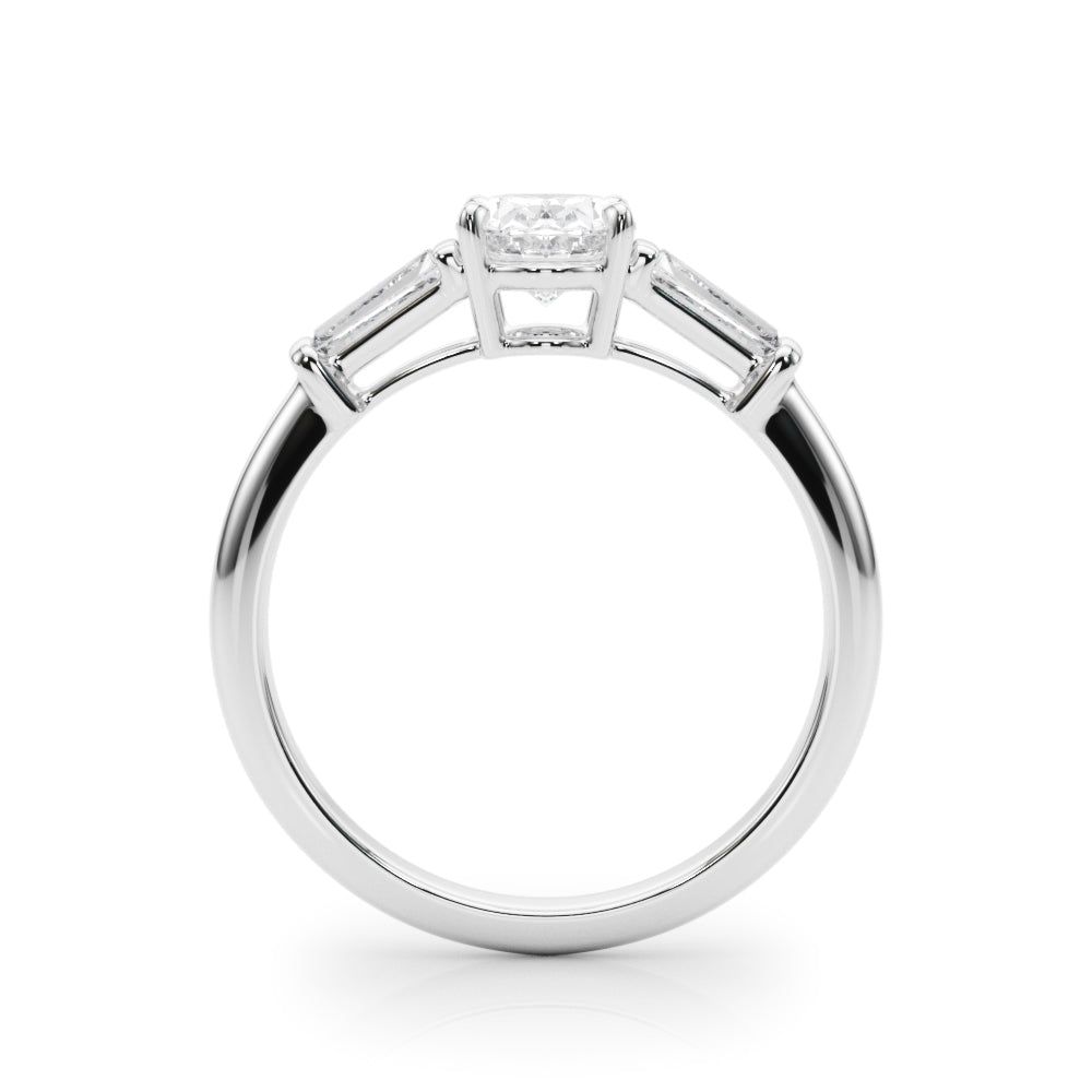 Sculpted Three-Stone Center Taper Baguette Sides Oval Diamond Engagement Ring — 9K/18K Gold & Platinum