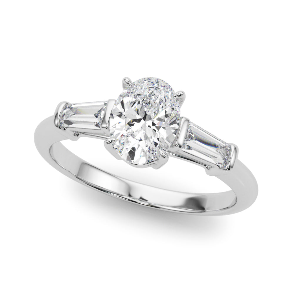 Sculpted Three-Stone Center Taper Baguette Sides Oval Diamond Engagement Ring — 9K/18K Gold & Platinum