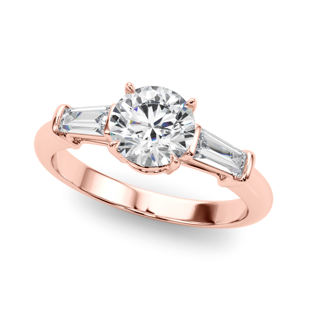 Couture Three-Stone Ring Center Taper Baguette Sides Round Diamond Engagement Ring — 9K/18K Gold & Platinum