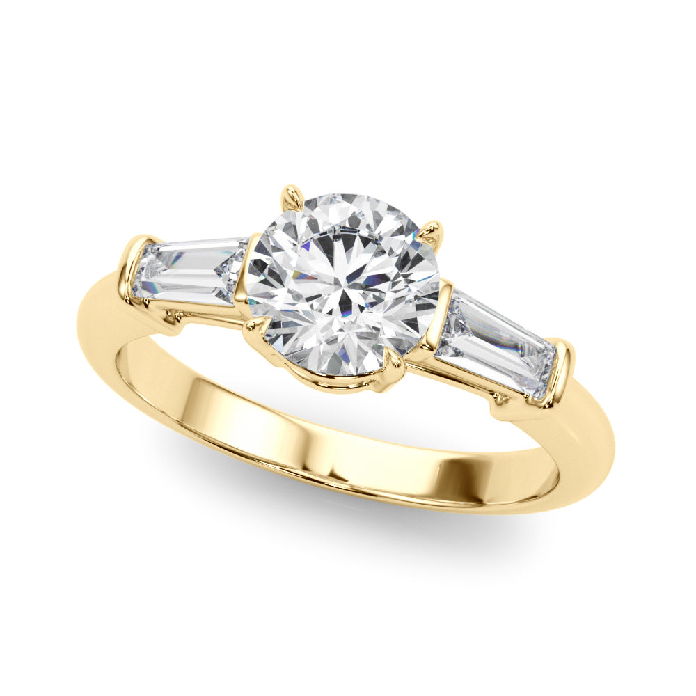 Couture Three-Stone Ring Center Taper Baguette Sides Round Diamond Engagement Ring — 9K/18K Gold & Platinum