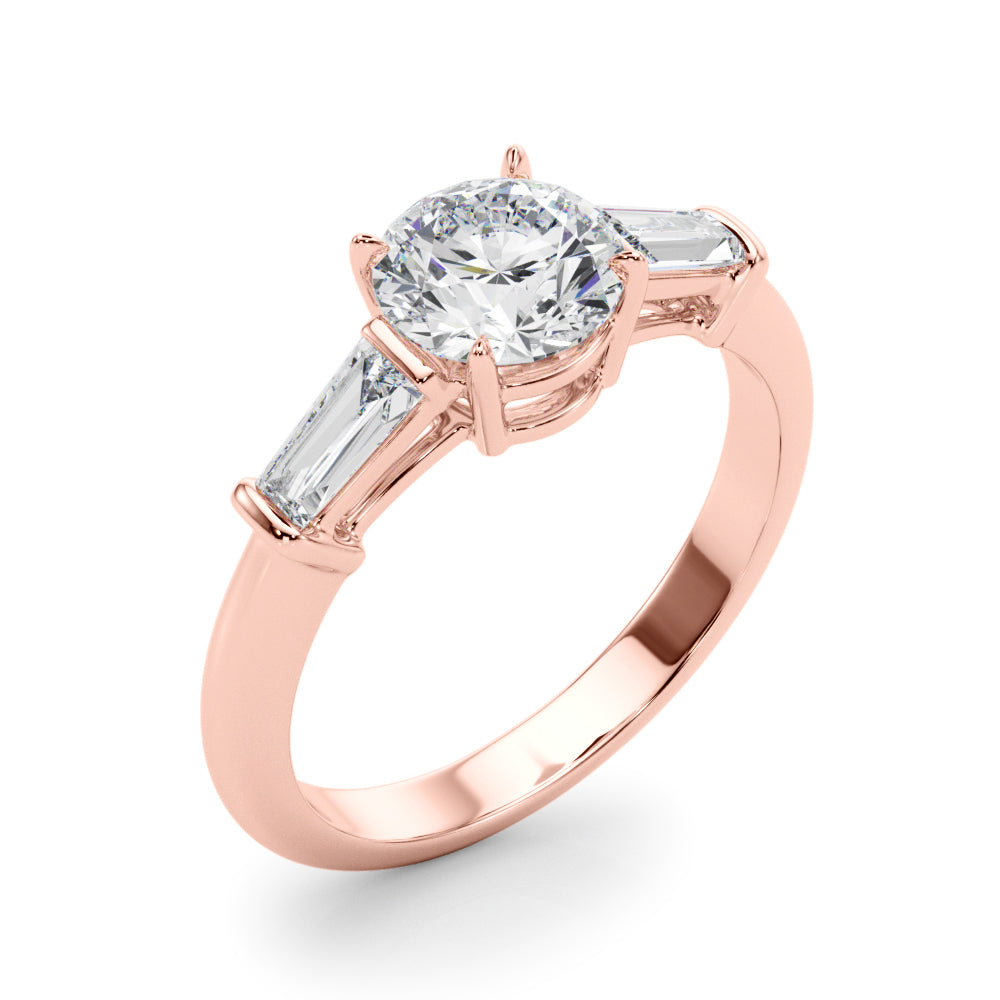 Couture Three-Stone Ring Center Taper Baguette Sides Round Diamond Engagement Ring — 9K/18K Gold & Platinum