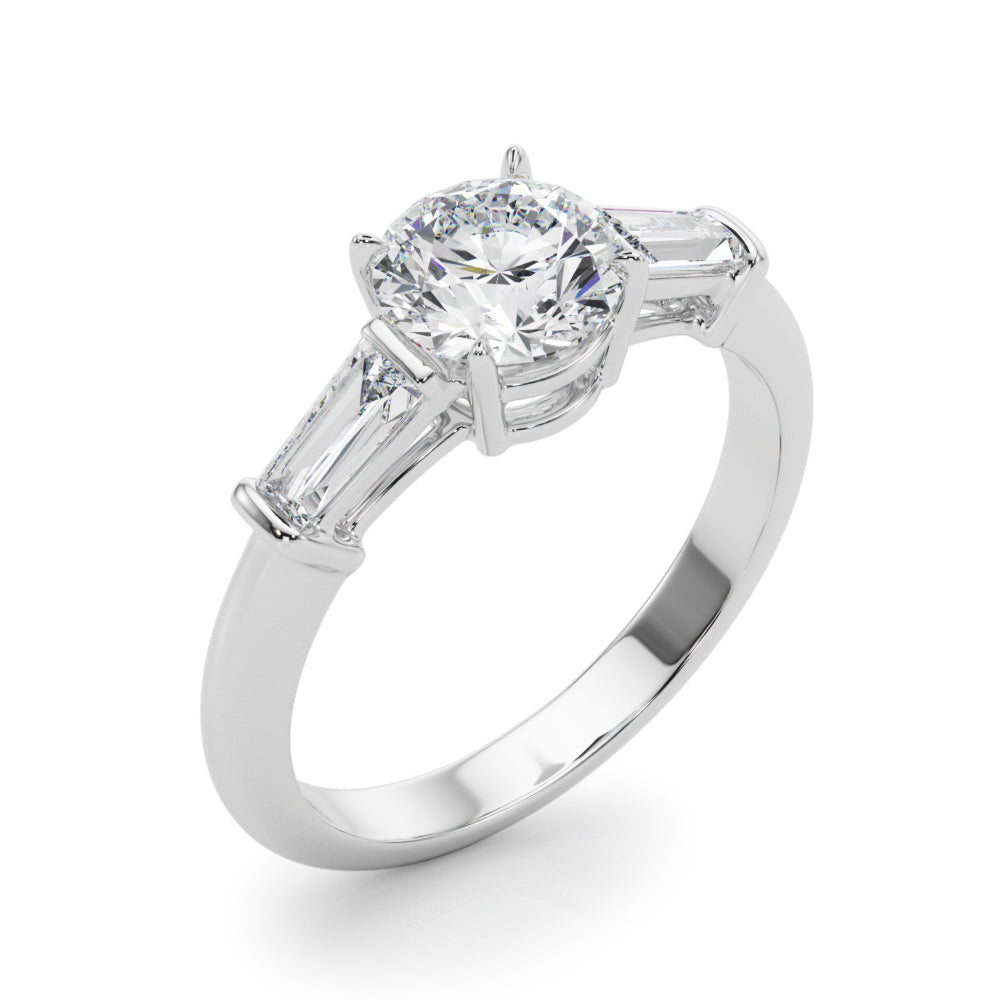 Couture Three-Stone Ring Center Taper Baguette Sides Round Diamond Engagement Ring — 9K/18K Gold & Platinum
