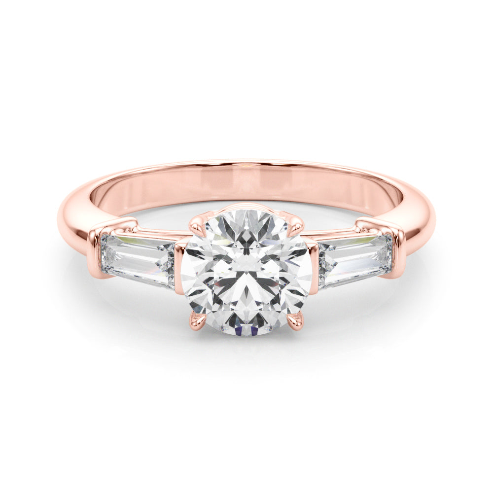 Couture Three-Stone Ring Center Taper Baguette Sides Round Diamond Engagement Ring — 9K/18K Gold & Platinum