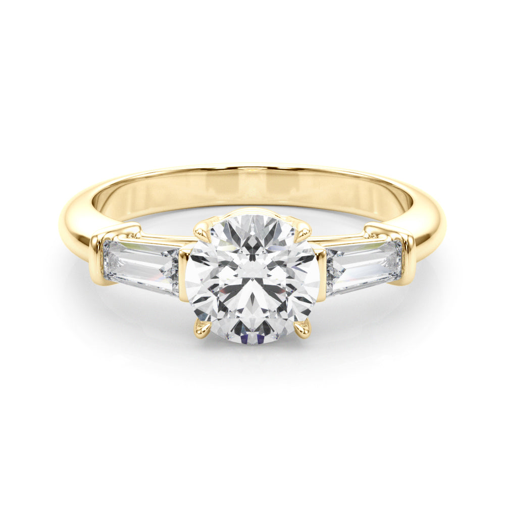 Couture Three-Stone Ring Center Taper Baguette Sides Round Diamond Engagement Ring — 9K/18K Gold & Platinum
