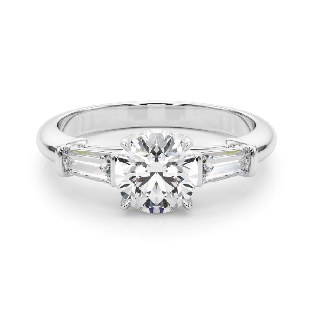 Couture Three-Stone Ring Center Taper Baguette Sides Round Diamond Engagement Ring — 9K/18K Gold & Platinum