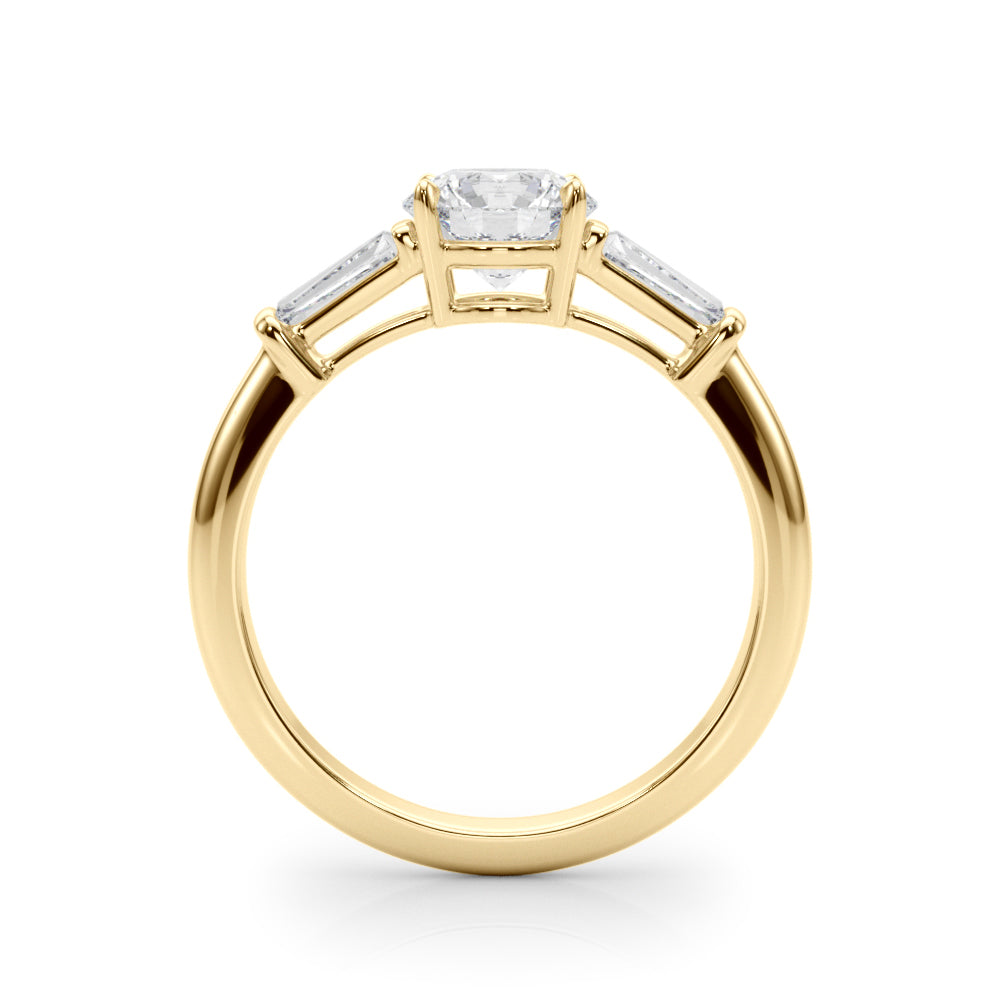 Couture Three-Stone Ring Center Taper Baguette Sides Round Diamond Engagement Ring — 9K/18K Gold & Platinum