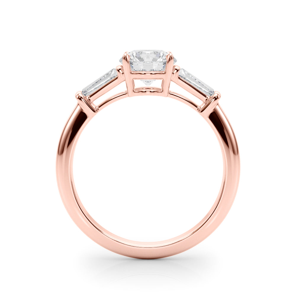 Couture Three-Stone Ring Center Taper Baguette Sides Round Diamond Engagement Ring — 9K/18K Gold & Platinum