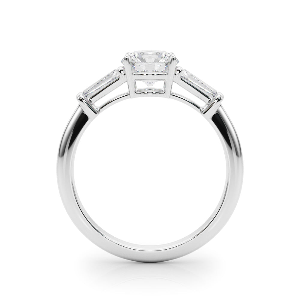 Couture Three-Stone Ring Center Taper Baguette Sides Round Diamond Engagement Ring — 9K/18K Gold & Platinum