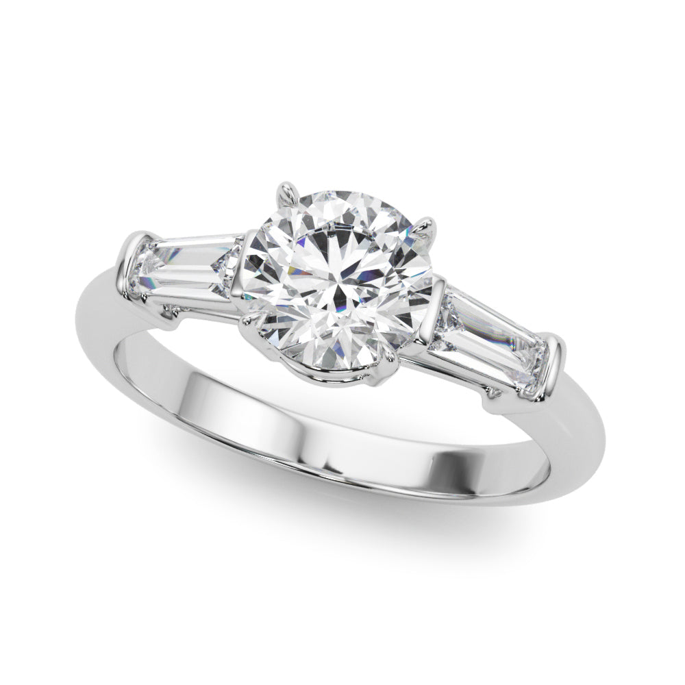 Couture Three-Stone Ring Center Taper Baguette Sides Round Diamond Engagement Ring — 9K/18K Gold & Platinum