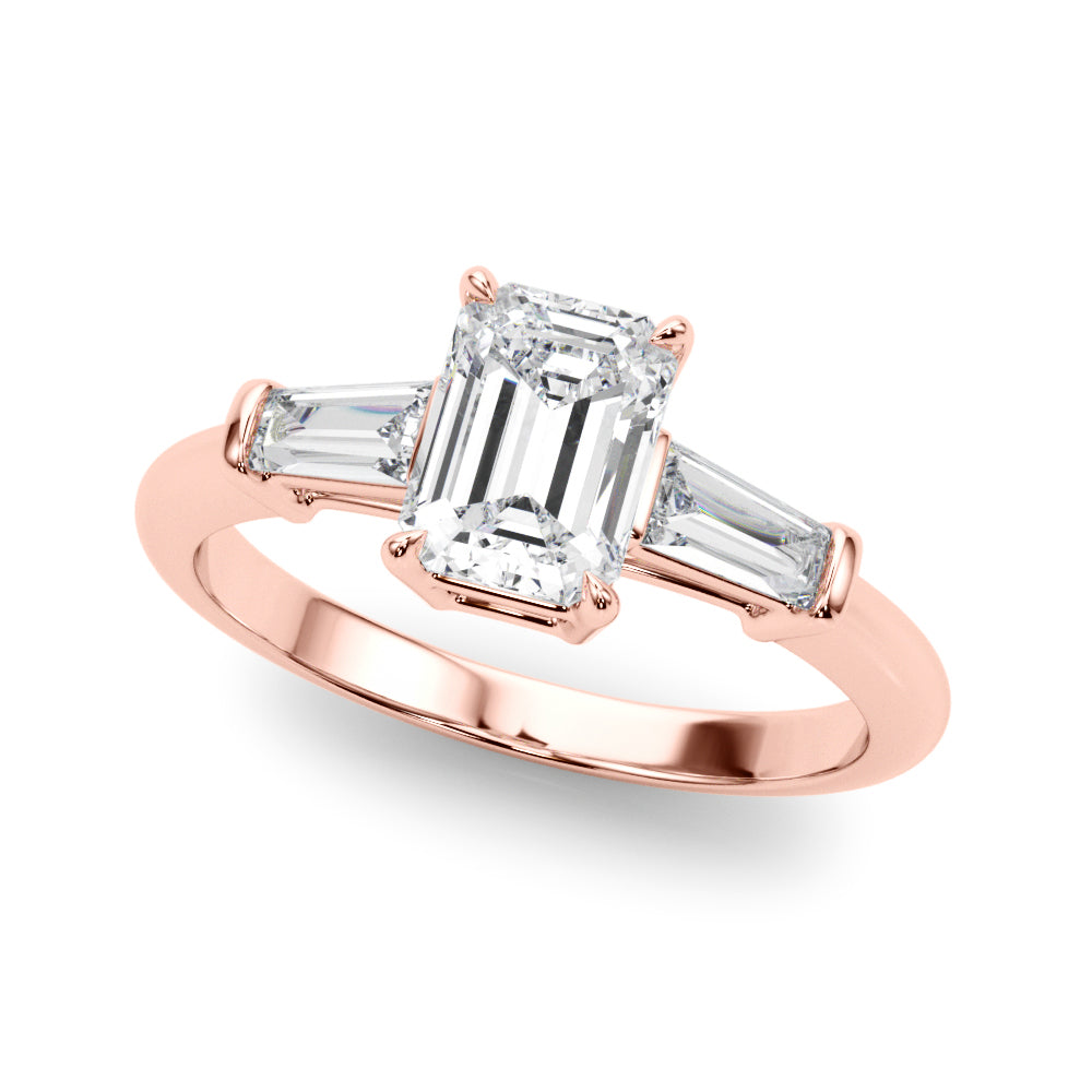 Celestial Three-Stone Ring Center Taper Baquette Sides Emerald Diamond Engagement Ring — 9K/18K Gold & Platinum