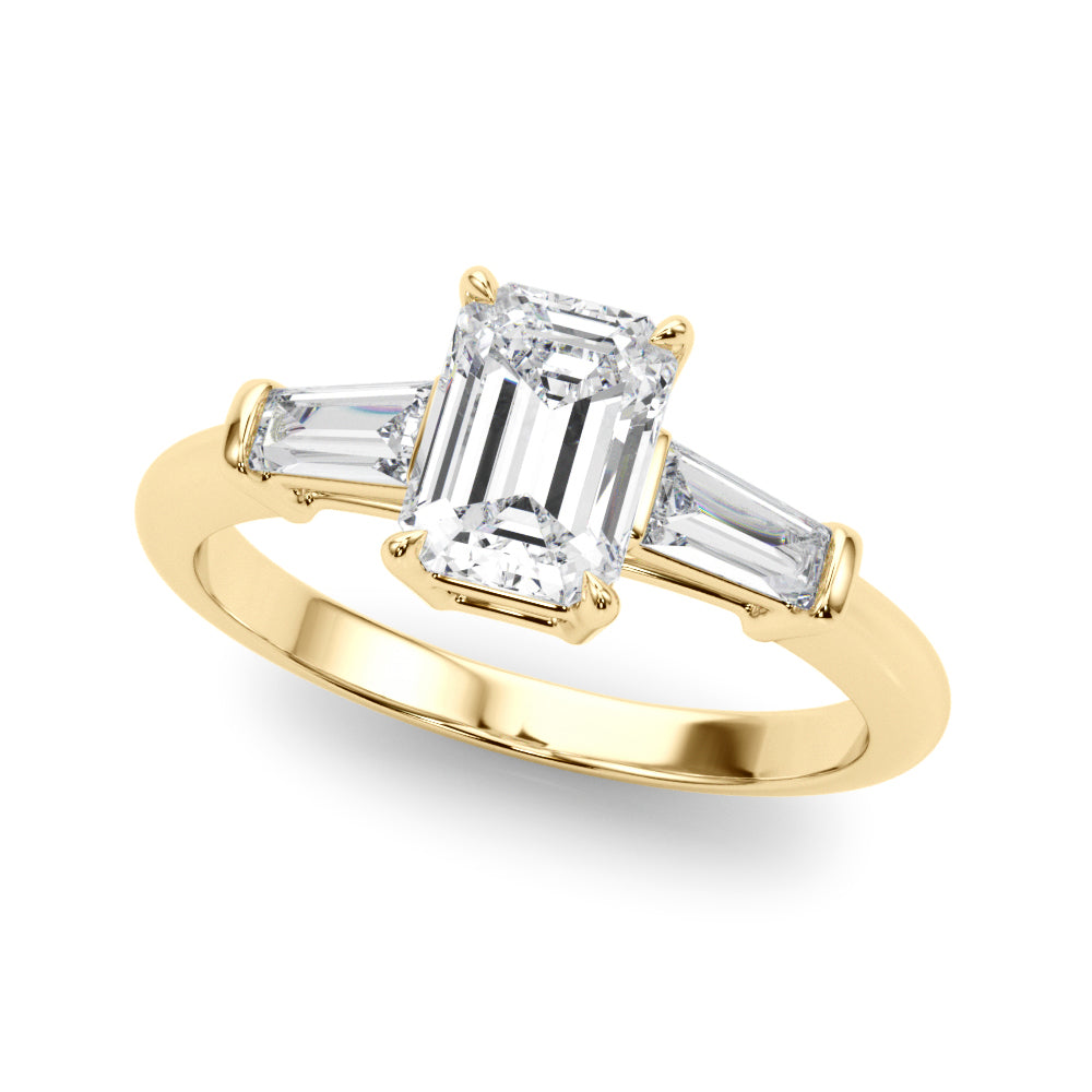 Celestial Three-Stone Ring Center Taper Baquette Sides Emerald Diamond Engagement Ring — 9K/18K Gold & Platinum