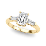Celestial Three-Stone Ring Center Taper Baquette Sides Emerald Diamond Engagement Ring — 9K/18K Gold & Platinum