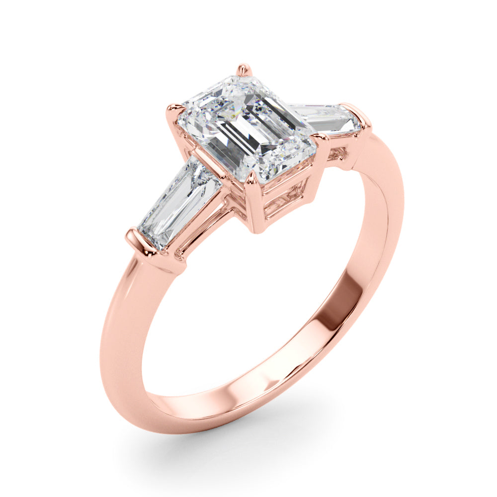 Celestial Three-Stone Ring Center Taper Baquette Sides Emerald Diamond Engagement Ring — 9K/18K Gold & Platinum
