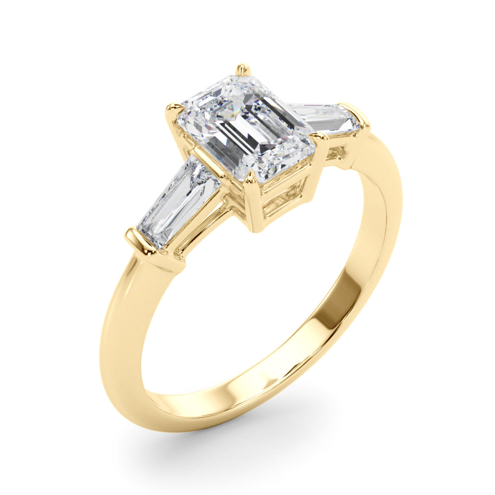 Celestial Three-Stone Ring Center Taper Baquette Sides Emerald Diamond Engagement Ring — 9K/18K Gold & Platinum