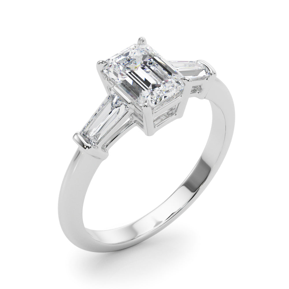 Celestial Three-Stone Ring Center Taper Baquette Sides Emerald Diamond Engagement Ring — 9K/18K Gold & Platinum