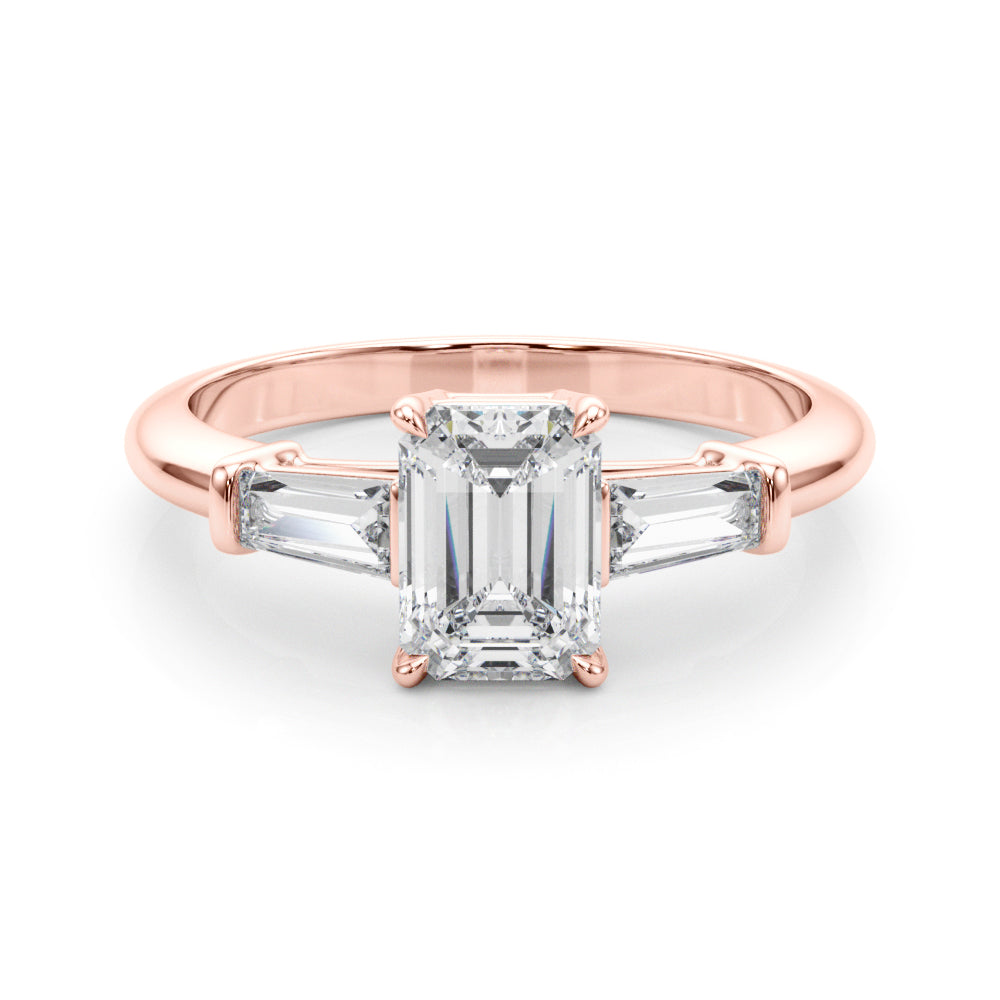 Celestial Three-Stone Ring Center Taper Baquette Sides Emerald Diamond Engagement Ring — 9K/18K Gold & Platinum