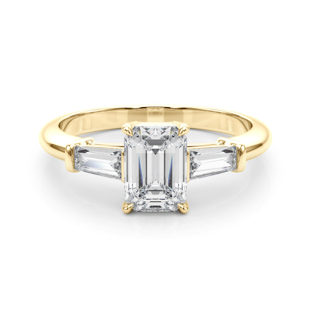 Celestial Three-Stone Ring Center Taper Baquette Sides Emerald Diamond Engagement Ring — 9K/18K Gold & Platinum