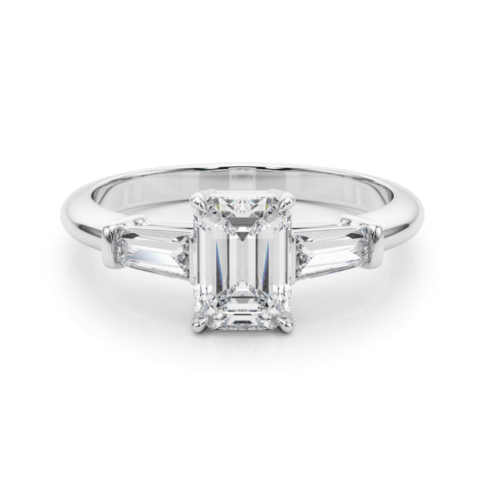 Celestial Three-Stone Ring Center Taper Baquette Sides Emerald Diamond Engagement Ring — 9K/18K Gold & Platinum