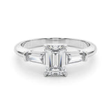 Celestial Three-Stone Ring Center Taper Baquette Sides Emerald Diamond Engagement Ring — 9K/18K Gold & Platinum