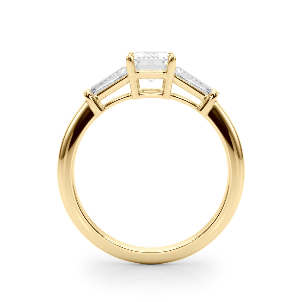 Celestial Three-Stone Ring Center Taper Baquette Sides Emerald Diamond Engagement Ring — 9K/18K Gold & Platinum
