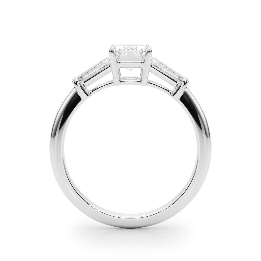 Celestial Three-Stone Ring Center Taper Baquette Sides Emerald Diamond Engagement Ring — 9K/18K Gold & Platinum