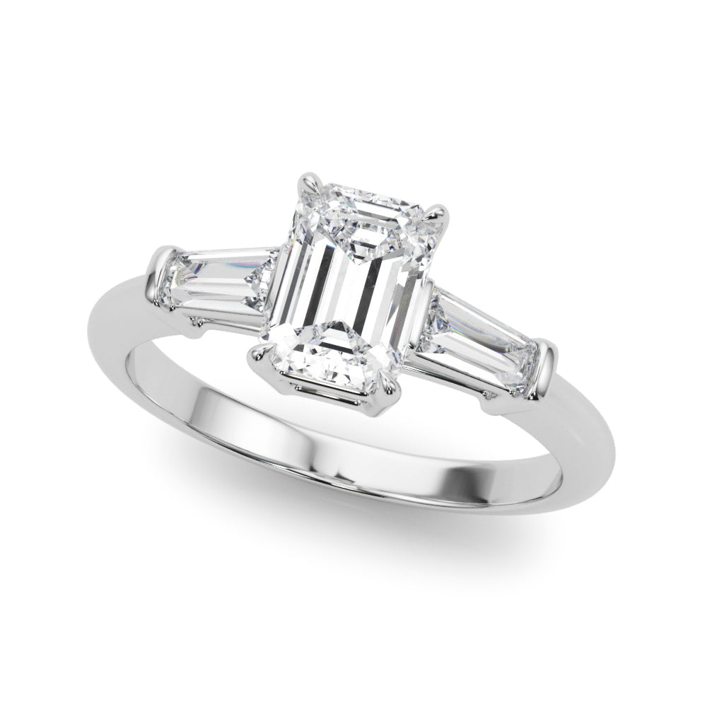 Celestial Three-Stone Ring Center Taper Baquette Sides Emerald Diamond Engagement Ring — 9K/18K Gold & Platinum