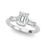 Celestial Three-Stone Ring Center Taper Baquette Sides Emerald Diamond Engagement Ring — 9K/18K Gold & Platinum