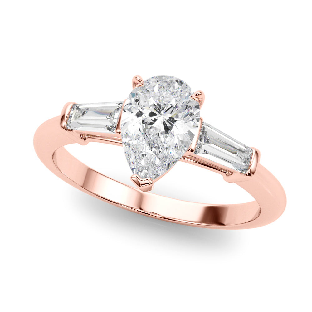 Crowned Three-Stone Ring Center Taper Baguette Sides Pear Diamond Engagement Ring — 9K/18K Gold & Platinum