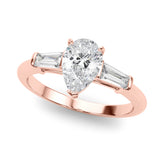 Crowned Three-Stone Ring Center Taper Baguette Sides Pear Diamond Engagement Ring — 9K/18K Gold & Platinum