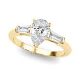 Crowned Three-Stone Ring Center Taper Baguette Sides Pear Diamond Engagement Ring — 9K/18K Gold & Platinum