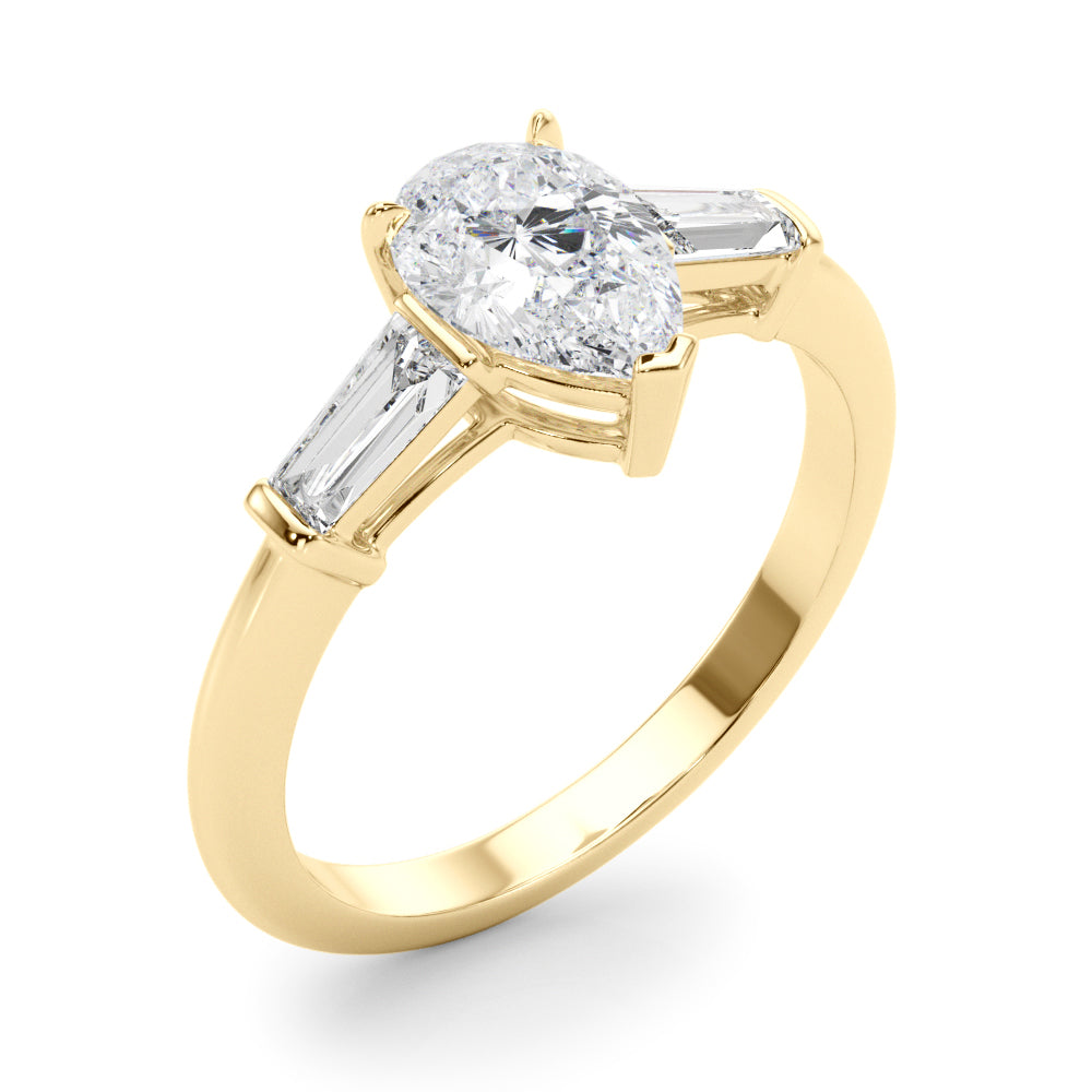 Crowned Three-Stone Ring Center Taper Baguette Sides Pear Diamond Engagement Ring — 9K/18K Gold & Platinum
