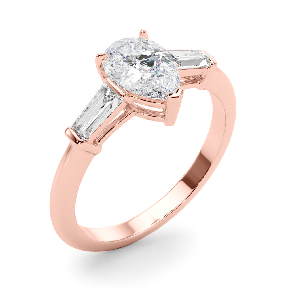 Crowned Three-Stone Ring Center Taper Baguette Sides Pear Diamond Engagement Ring — 9K/18K Gold & Platinum