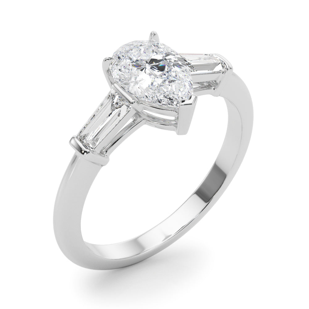 Crowned Three-Stone Ring Center Taper Baguette Sides Pear Diamond Engagement Ring — 9K/18K Gold & Platinum