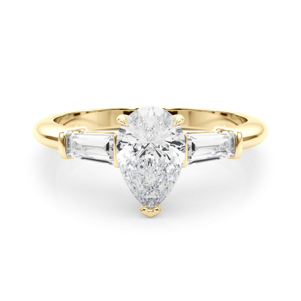Crowned Three-Stone Ring Center Taper Baguette Sides Pear Diamond Engagement Ring — 9K/18K Gold & Platinum