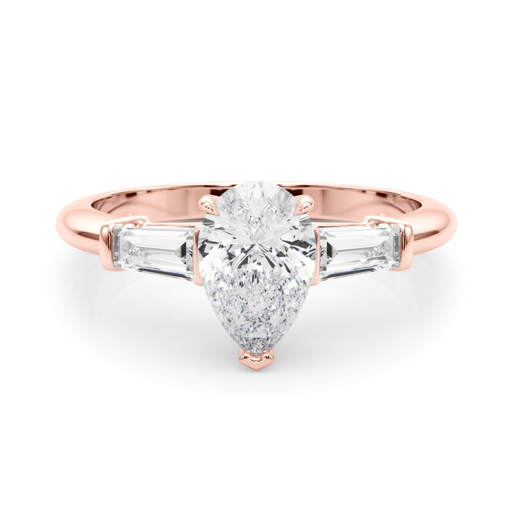 Crowned Three-Stone Ring Center Taper Baguette Sides Pear Diamond Engagement Ring — 9K/18K Gold & Platinum