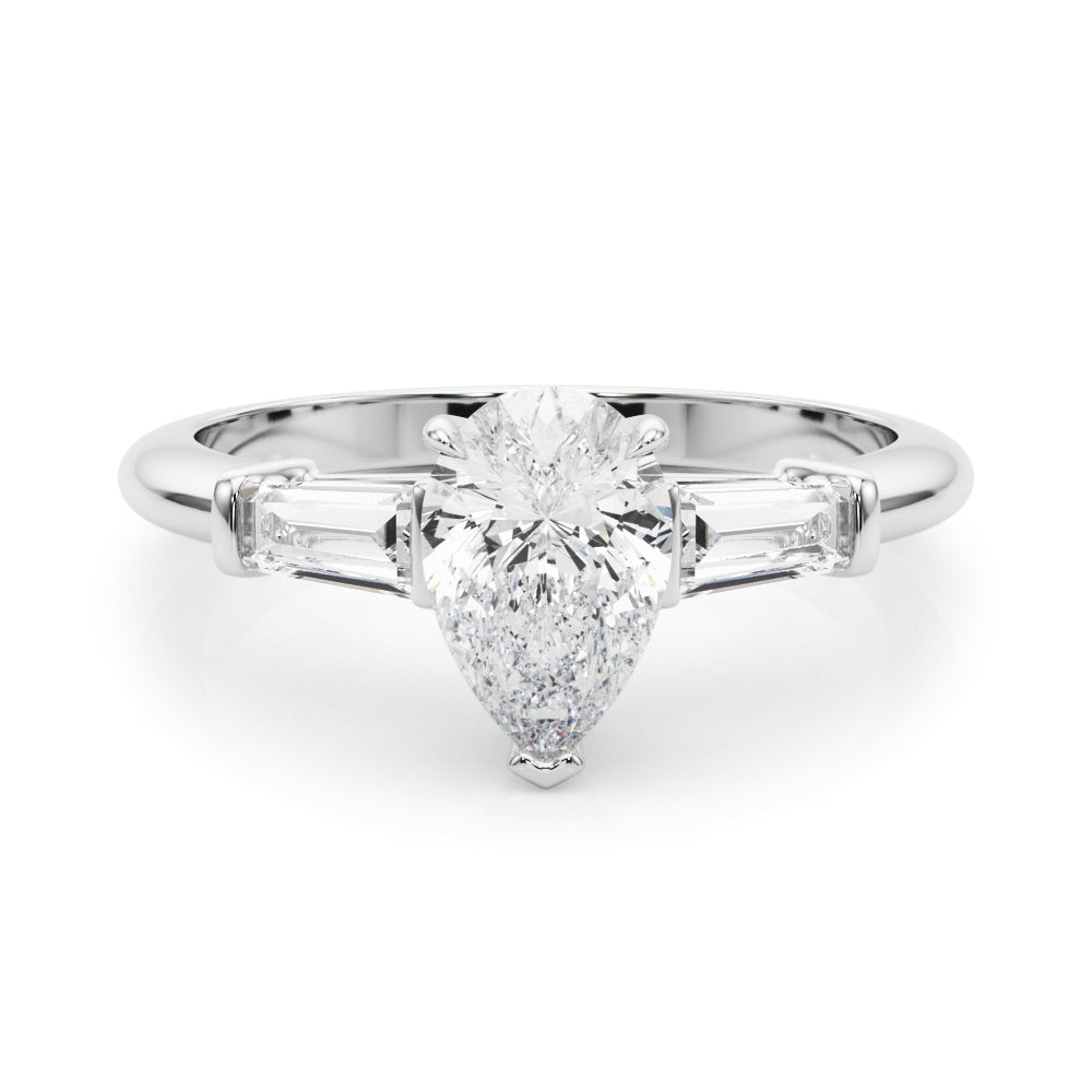 Crowned Three-Stone Ring Center Taper Baguette Sides Pear Diamond Engagement Ring — 9K/18K Gold & Platinum