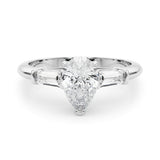 Crowned Three-Stone Ring Center Taper Baguette Sides Pear Diamond Engagement Ring — 9K/18K Gold & Platinum