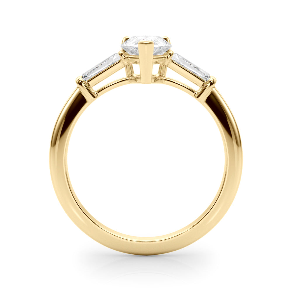Crowned Three-Stone Ring Center Taper Baguette Sides Pear Diamond Engagement Ring — 9K/18K Gold & Platinum